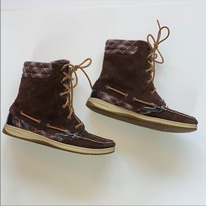 Sold!       Sperry Brown Suede Fair Isle Top Sider Boot Sz 10